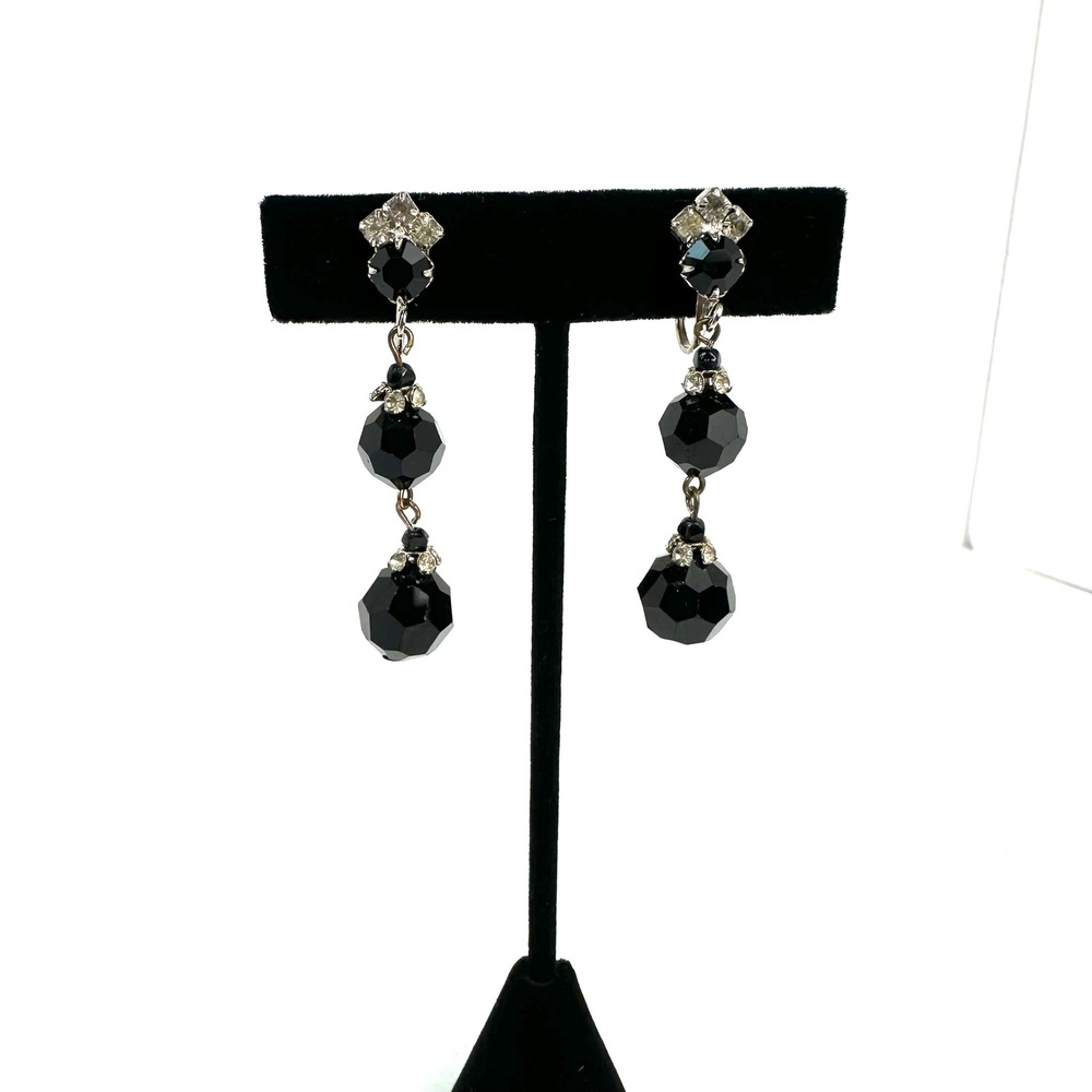 Vintage Art Deco Style Faceted Black Bead Dangle Clip On Earrings Women OS Black